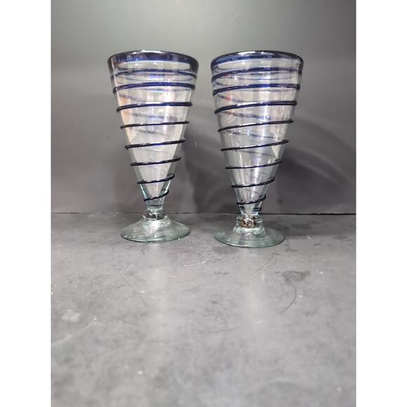 Artisan Mexican Glass Set, Cobalt Blue Swirl Design, Stemmed Glasses, Home Décor - Picture 2 of 9